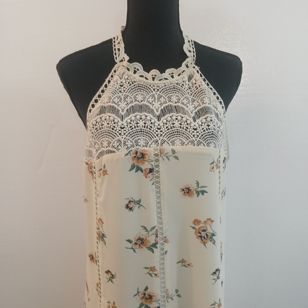 Mi Ami  Lace Yoke Halter Dress Boho Floral Romantic Flowy Keyhole‎ Back Ivory...